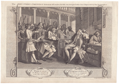 Industry and Idleness
(Plate 10)
The Industrious 'Prentice Alderman of London, the Idle one brought before him & Impeach'd by his Accomplice